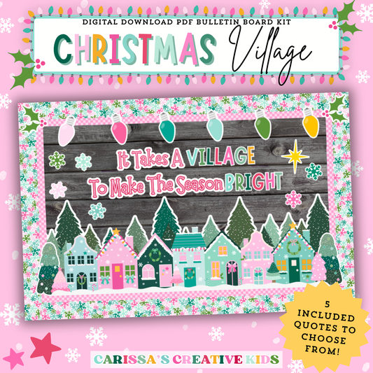 Pastel Christmas Village Bulletin Board Kit for classroom decor featuring colorful printable houses, trees, lights, and holiday quotes — perfect for preschool or kindergarten Christmas displays.