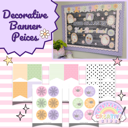 Pastel Halloween bulletin board kit with decorative printable banner pieces including spiderweb circles, patterned flags, and dot designs—shown alongside a styled “Fab-Boo-lous” classroom display.