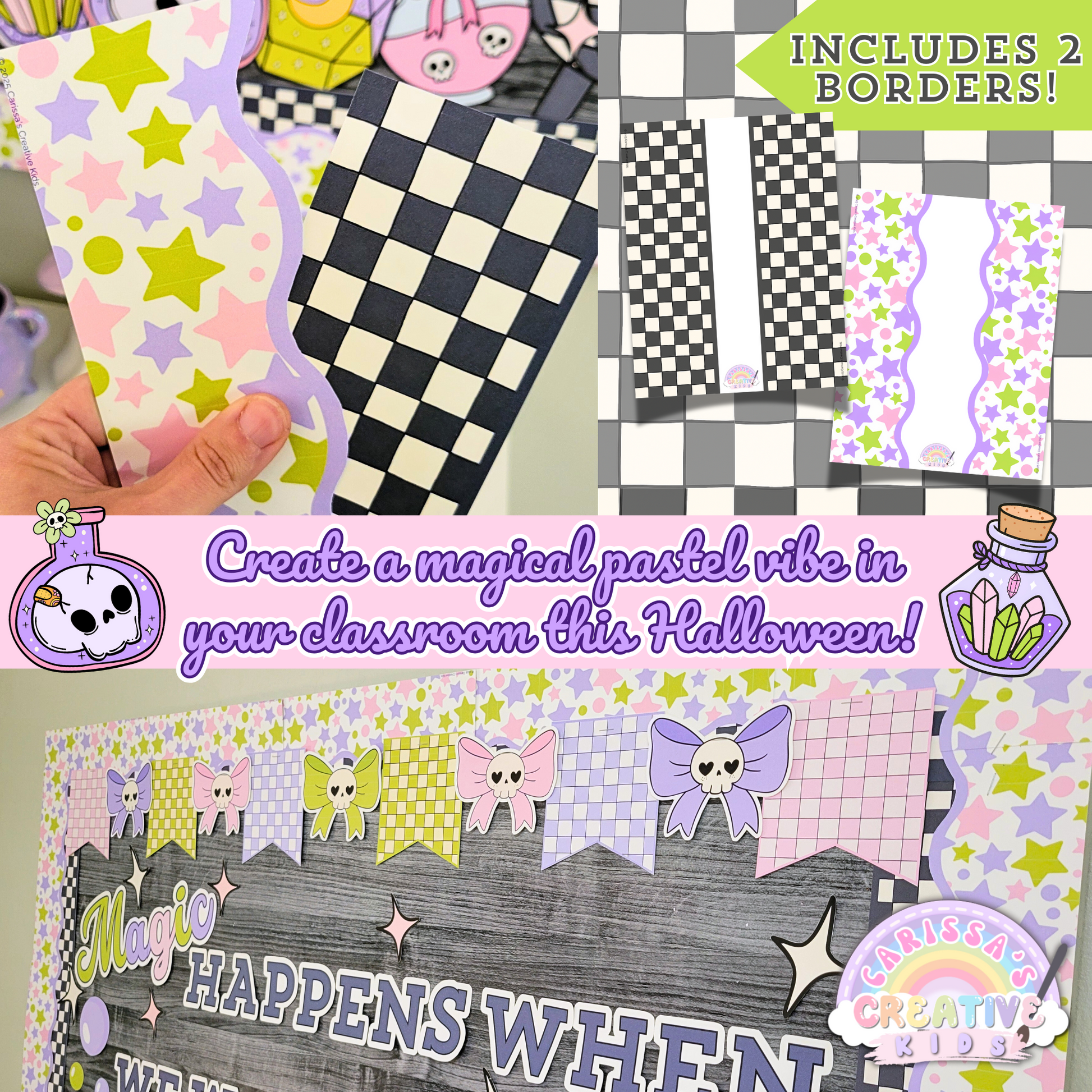 Preview of two printable Halloween bulletin board borders—one pastel stars with scalloped edge, one black and white checkerboard. Adds a magical pastel vibe to fall bulletin boards, Halloween classroom decor, or door displays.