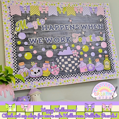Pastel Halloween classroom bulletin board display with cauldron and potion theme. Bottom banner encourages teachers to explore more Halloween bulletin boards from Carissa’s Creative Kids. Great for fall classroom decor and themed teaching spaces.