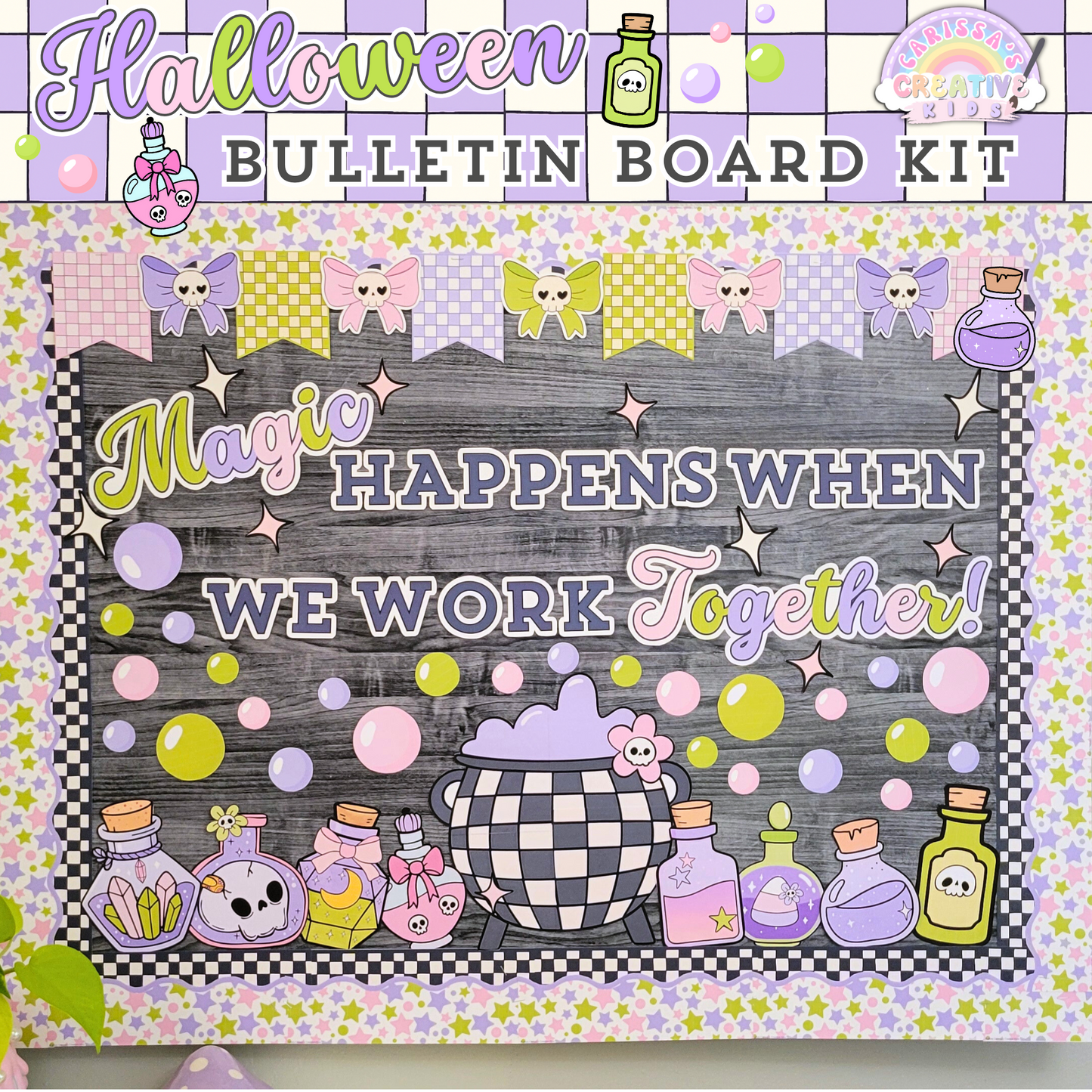 Pastel Halloween bulletin board kit for classroom decor featuring cauldron, potion bottles, and the phrase "Magic Happens When We Work Together." Perfect for a fall bulletin board, Halloween wall decor, or classroom poster display.