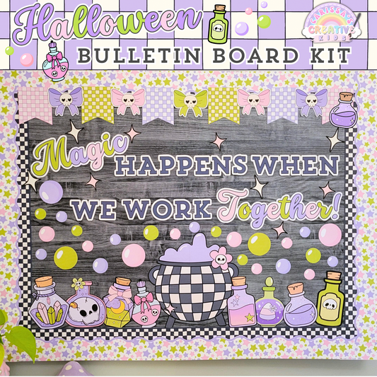 Pastel Halloween bulletin board kit for classroom decor featuring cauldron, potion bottles, and the phrase "Magic Happens When We Work Together." Perfect for a fall bulletin board, Halloween wall decor, or classroom poster display.