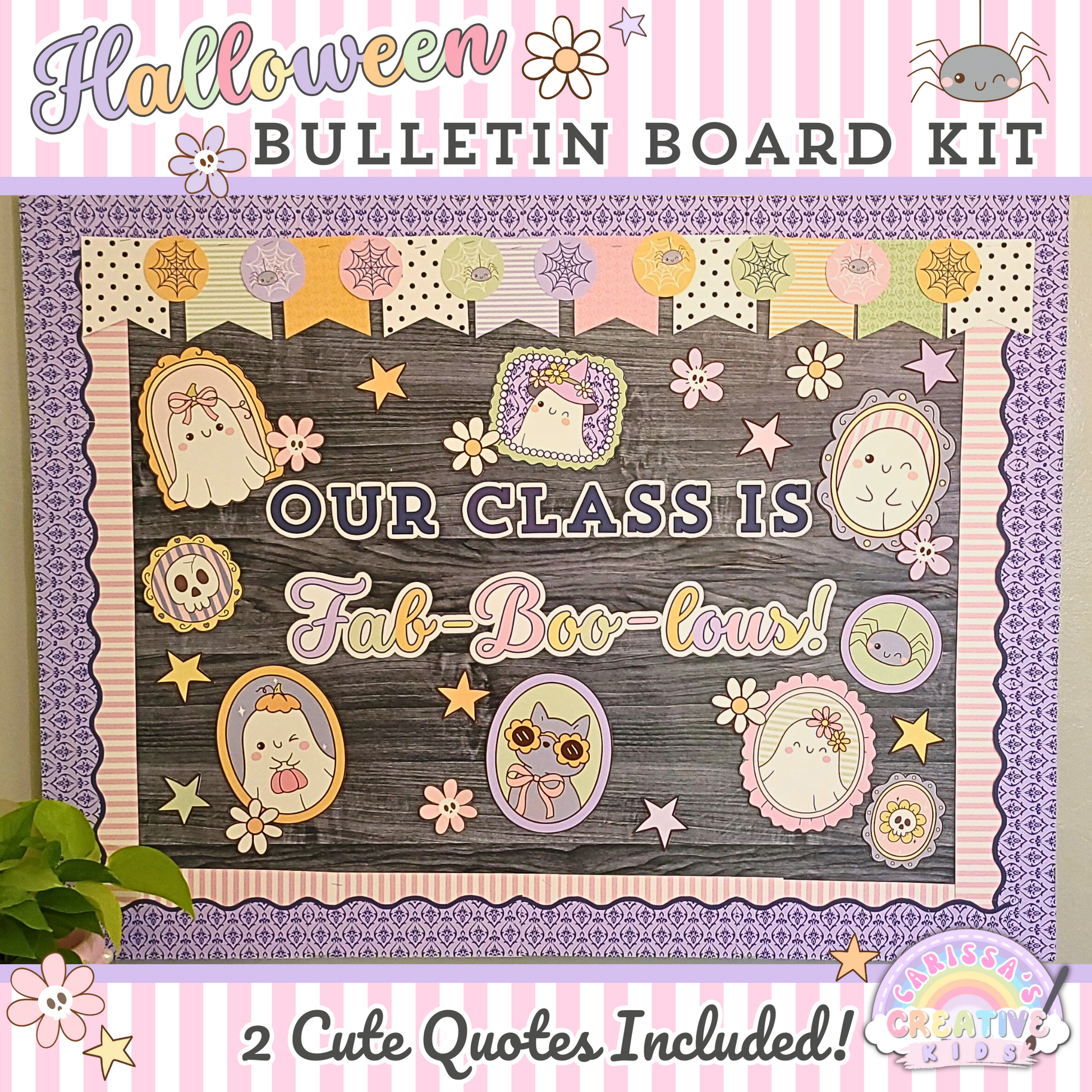 Pastel Halloween bulletin board kit featuring the quote "Our Class Is Fab-Boo-lous" with layered borders, cute character portraits, and fall classroom decor.