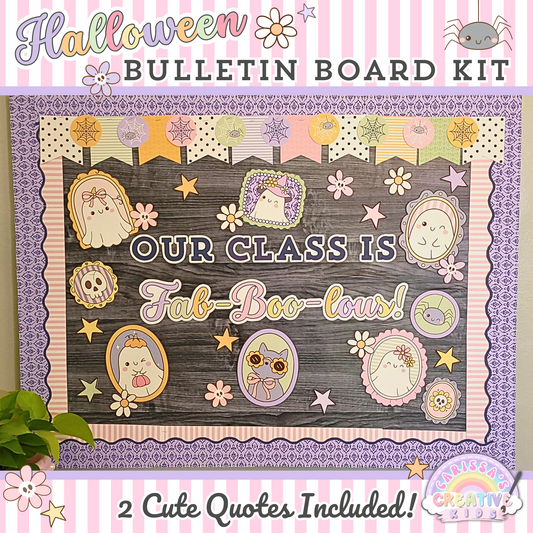 Pastel Halloween bulletin board kit featuring the quote "Our Class Is Fab-Boo-lous" with layered borders, cute character portraits, and fall classroom decor.