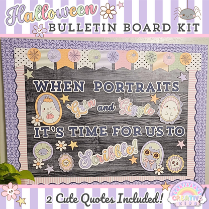 Pastel Halloween classroom bulletin board with the quote "When Portraits Grin and Giggle, It's Time For Us To Scribble," featuring layered borders, cute character portraits, and whimsical fall classroom wall decor.