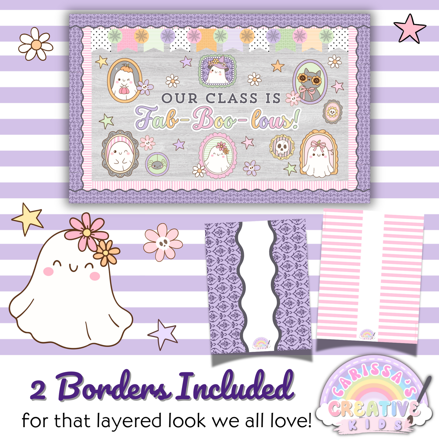 Preview of pastel Halloween bulletin board kit showing "Our Class Is Fab-Boo-lous!" display with two included printable borders—purple pattern and pink stripes—designed for a layered classroom look.