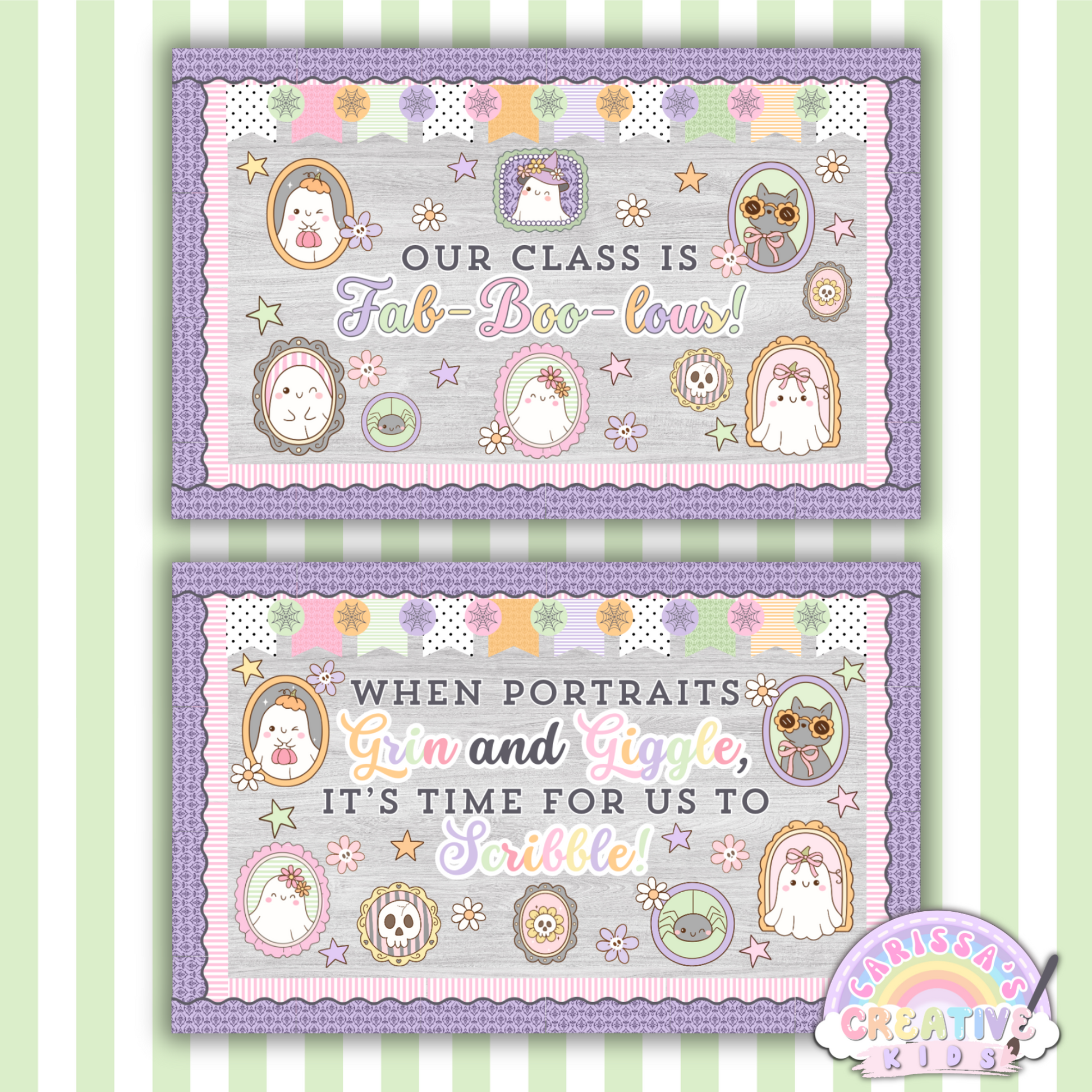 Printable pastel Halloween bulletin board set featuring two quote options: "Our Class Is Fab-Boo-lous!" and "When Portraits Grin and Giggle, It's Time For Us To Scribble," shown with layered scalloped borders and cute character portraits for classroom decor.