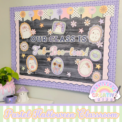 Pastel Halloween classroom decor featuring the "Our Class Is Fab-Boo-lous!" bulletin board display with layered borders, cute ghost portraits, and soft fall colors, styled with classroom accessories.