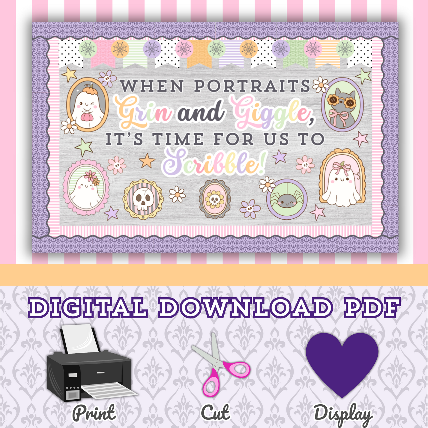 Pastel Halloween bulletin board kit with the quote "When Portraits Grin and Giggle," shown with a digital download PDF banner—print, cut, and display instructions included for easy classroom setup.