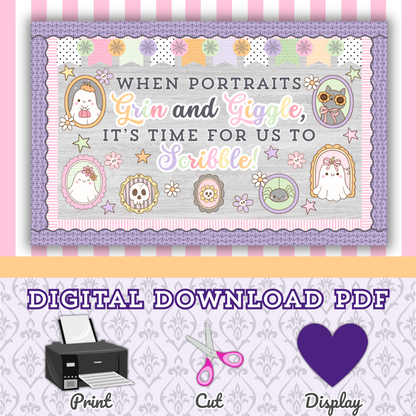 Pastel Halloween bulletin board kit with the quote "When Portraits Grin and Giggle," shown with a digital download PDF banner—print, cut, and display instructions included for easy classroom setup.