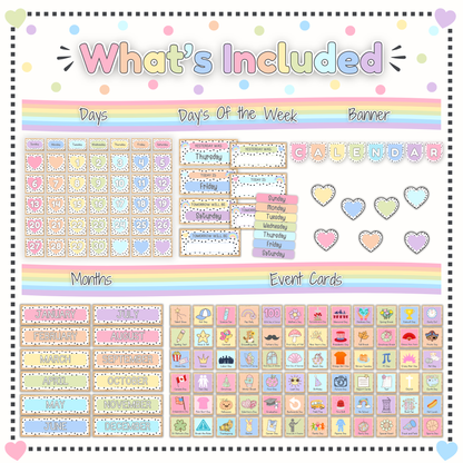 Pastel Hearts classroom calendar pack contents showing printable date cards, days of the week, month headers, banner letters, heart decor, and 72 event cards.