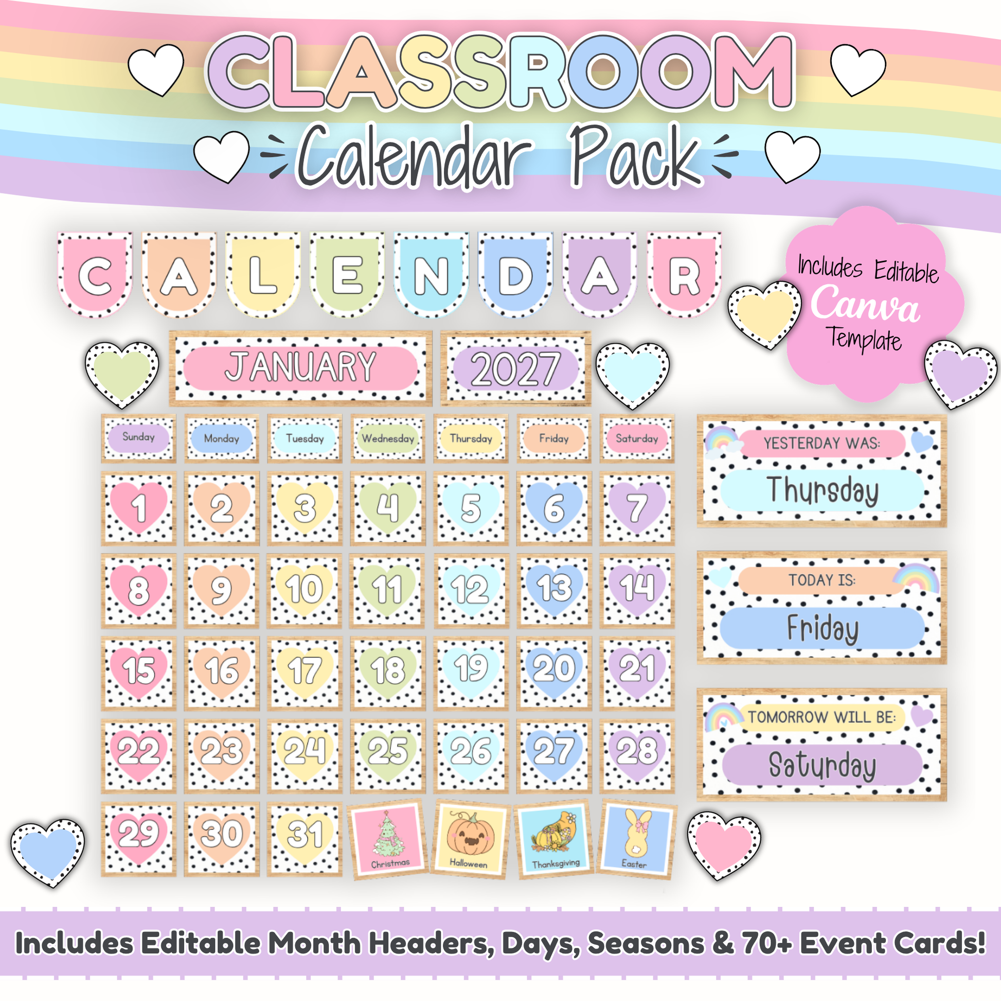 Pastel Hearts Classroom Calendar Pack printable display with editable Canva template, date cards, months, days, event cards, and classroom routine pieces.