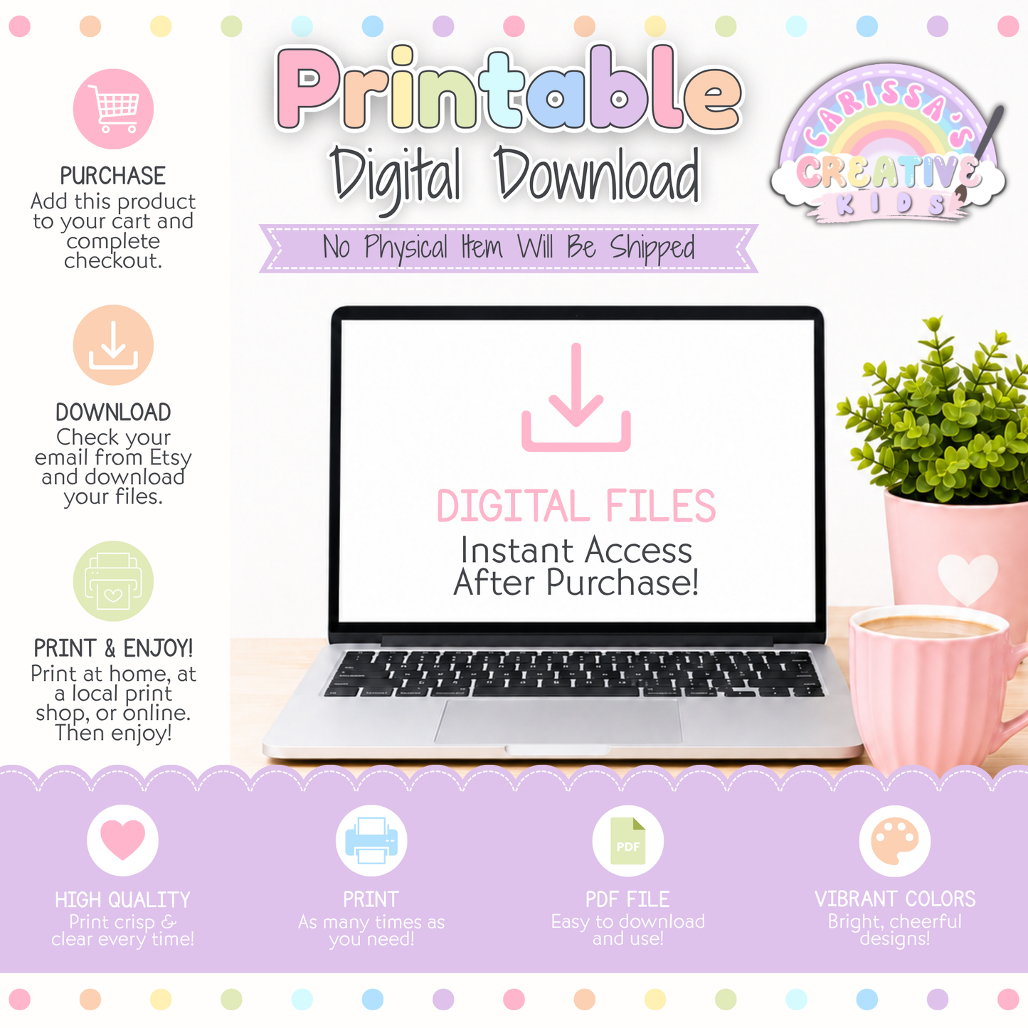 Printable digital download information for Pastel Hearts Classroom Calendar Pack showing instant access, PDF files, printing instructions, and no physical item shipped.