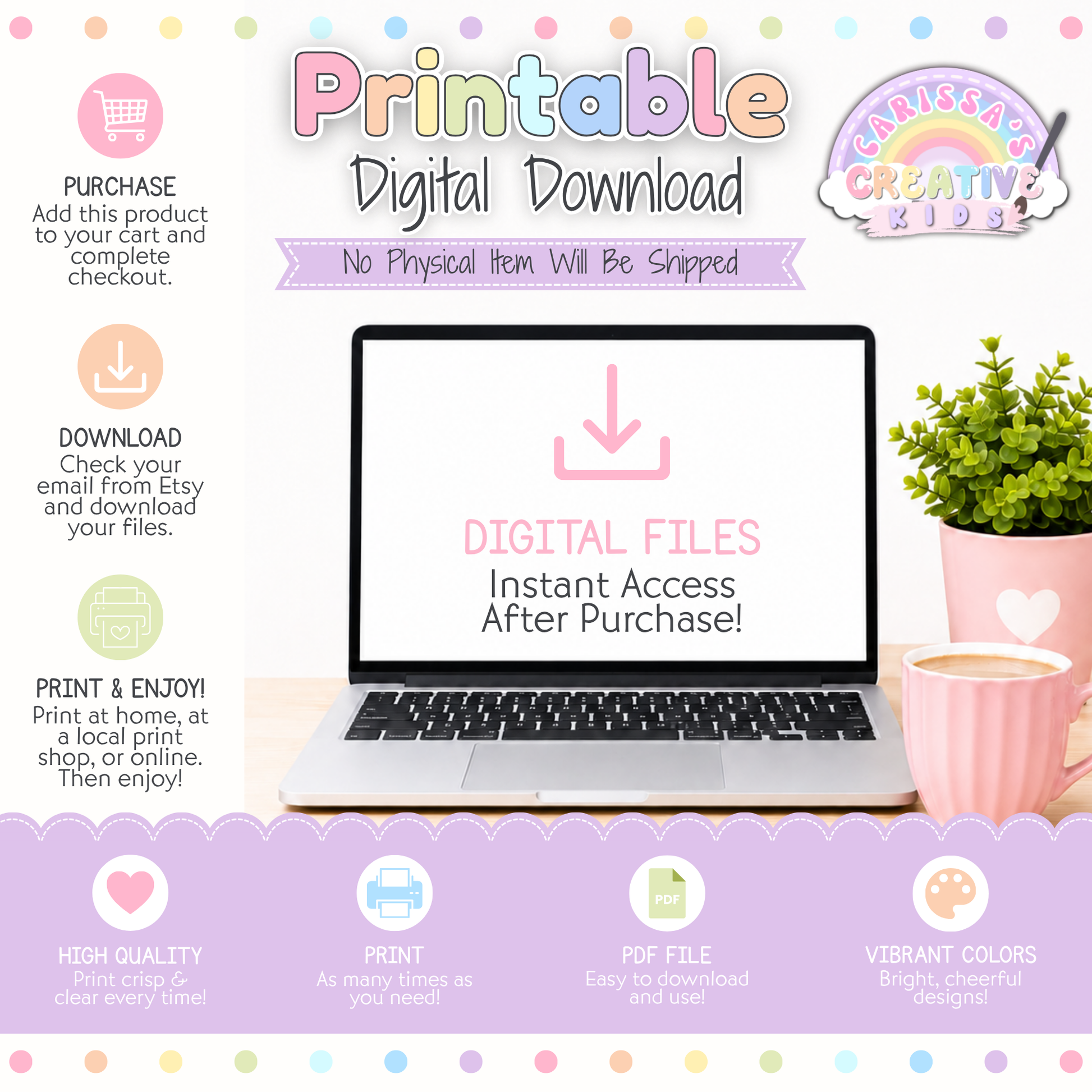 Printable digital download information for Pastel Hearts Classroom Calendar Pack showing instant access, PDF files, printing instructions, and no physical item shipped.