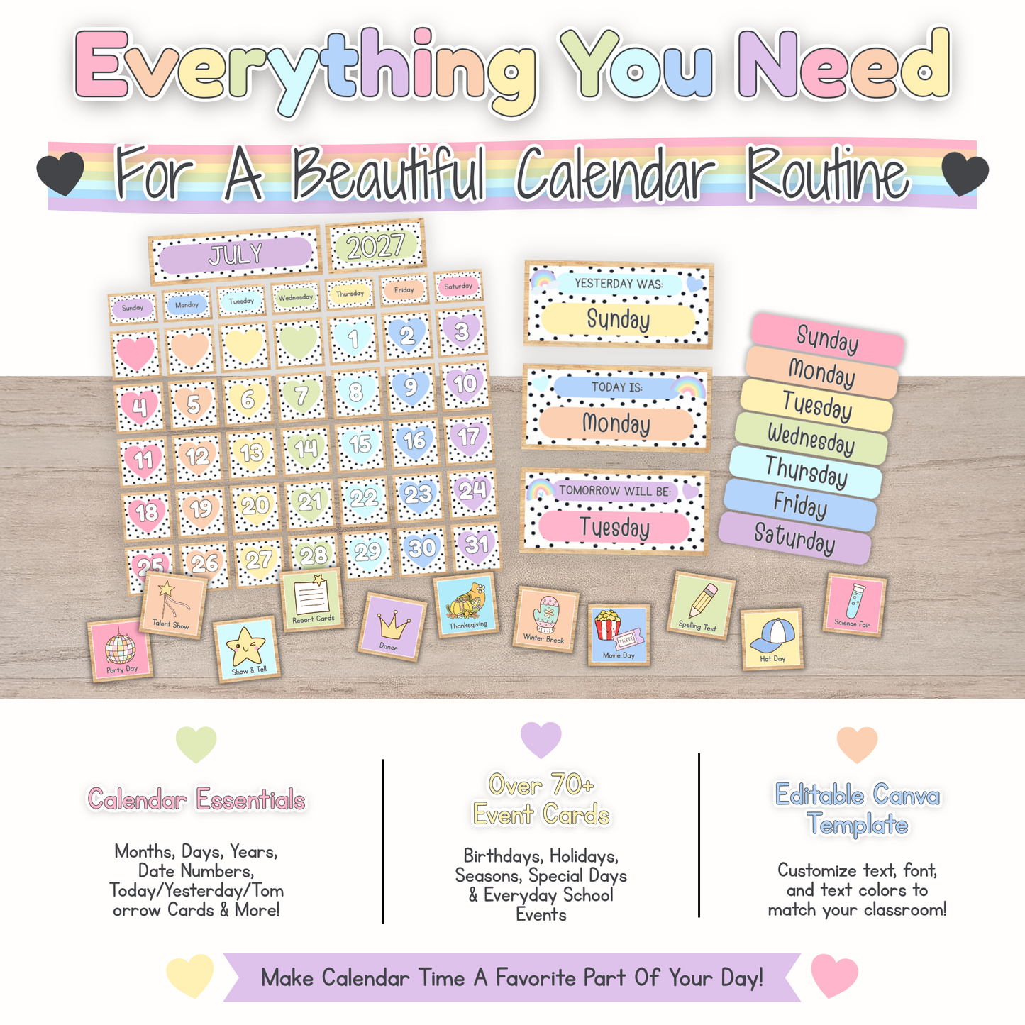 Pastel Hearts classroom calendar routine printable with date cards, days of the week, yesterday today tomorrow cards, event cards, and editable Canva template.