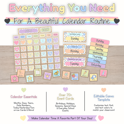 Pastel Hearts classroom calendar routine printable with date cards, days of the week, yesterday today tomorrow cards, event cards, and editable Canva template.