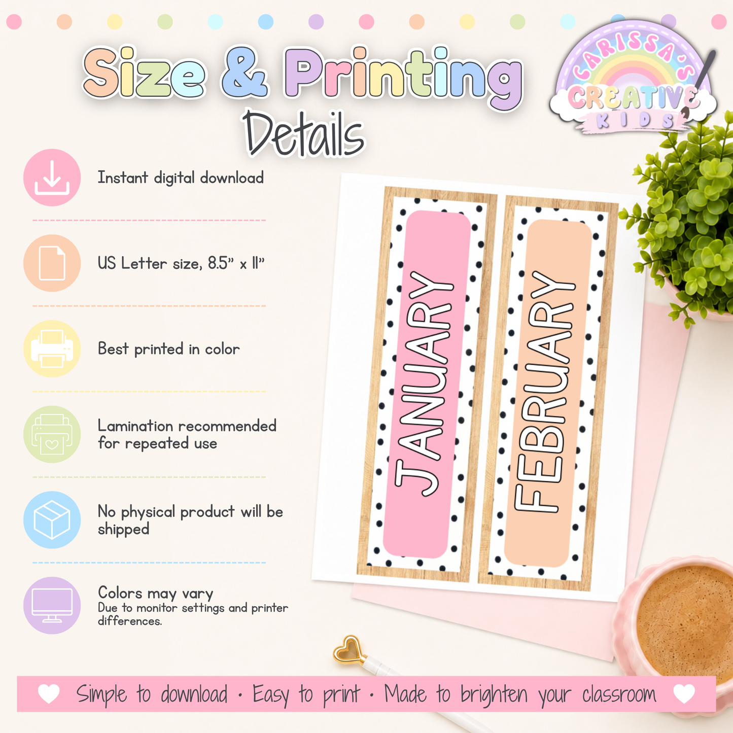 Size and printing details for Pastel Hearts Classroom Calendar Pack showing US Letter printable PDF pages, color printing, laminating recommendation, and digital download information.