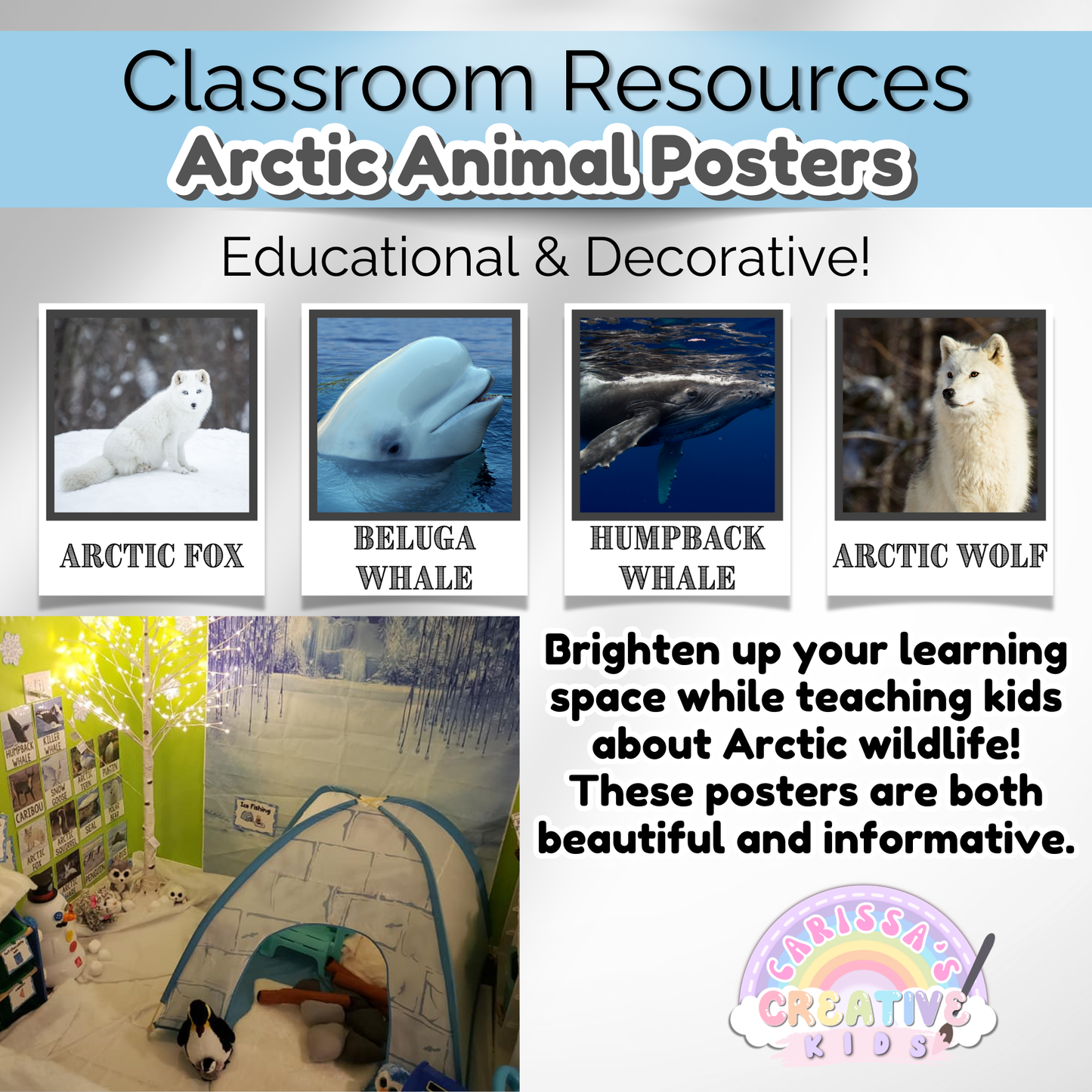 Arctic animal posters for classroom theme units. Great for winter and nature-inspired learning spaces.