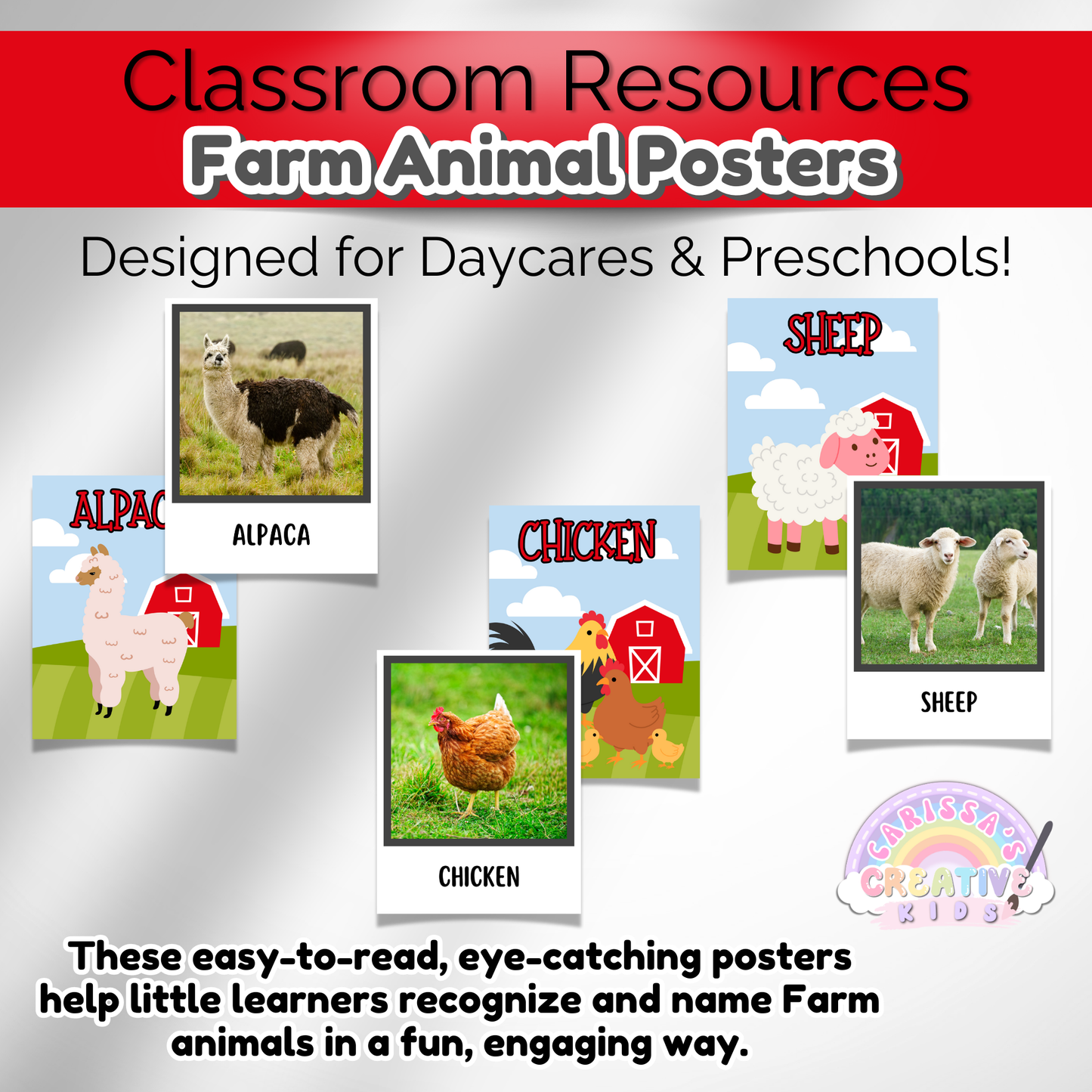 Educational farm animal posters for preschool, daycare, and playroom wall decor.