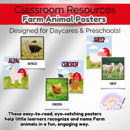 Educational farm animal posters for preschool, daycare, and playroom wall decor.