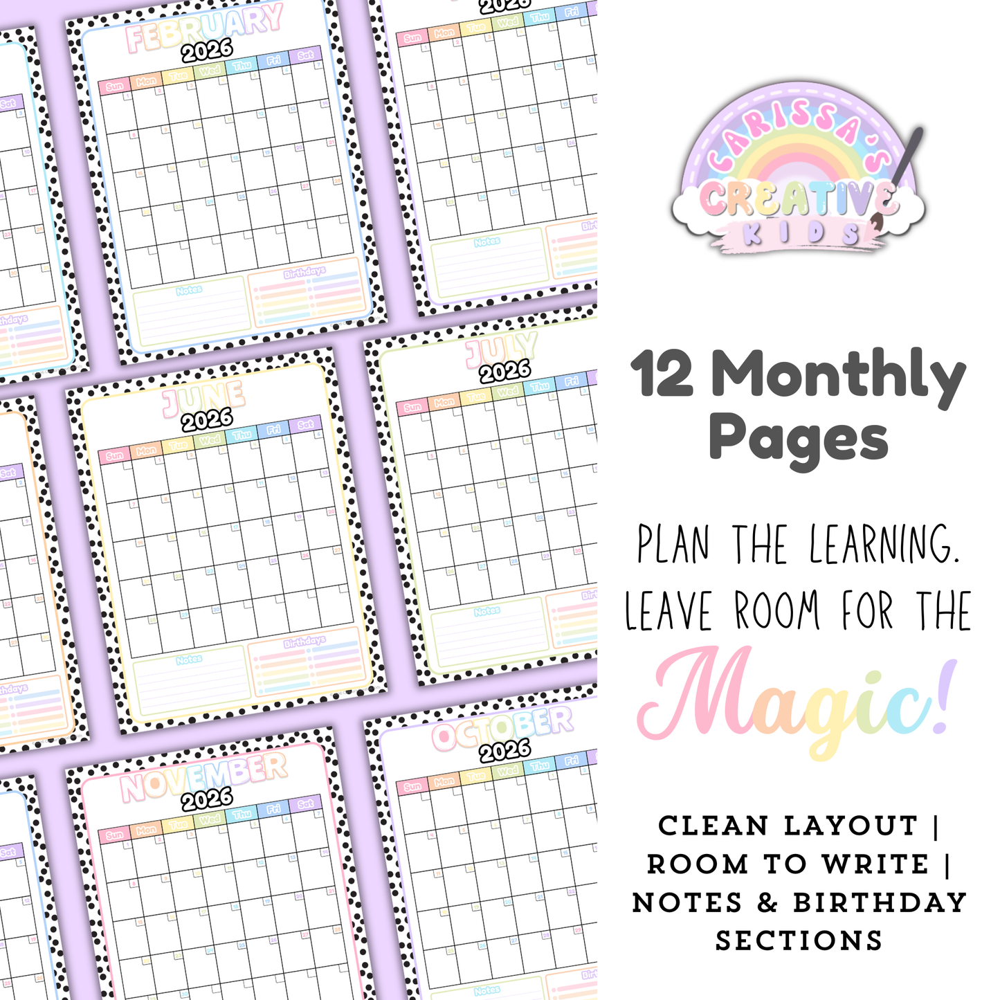 Preview of 12 monthly calendar pages in the Polka-Dot Pastels 2026–2027 printable teacher planner, featuring a clean monthly grid with space to write plus Notes and Birthdays sections for daycare and preschool planning.