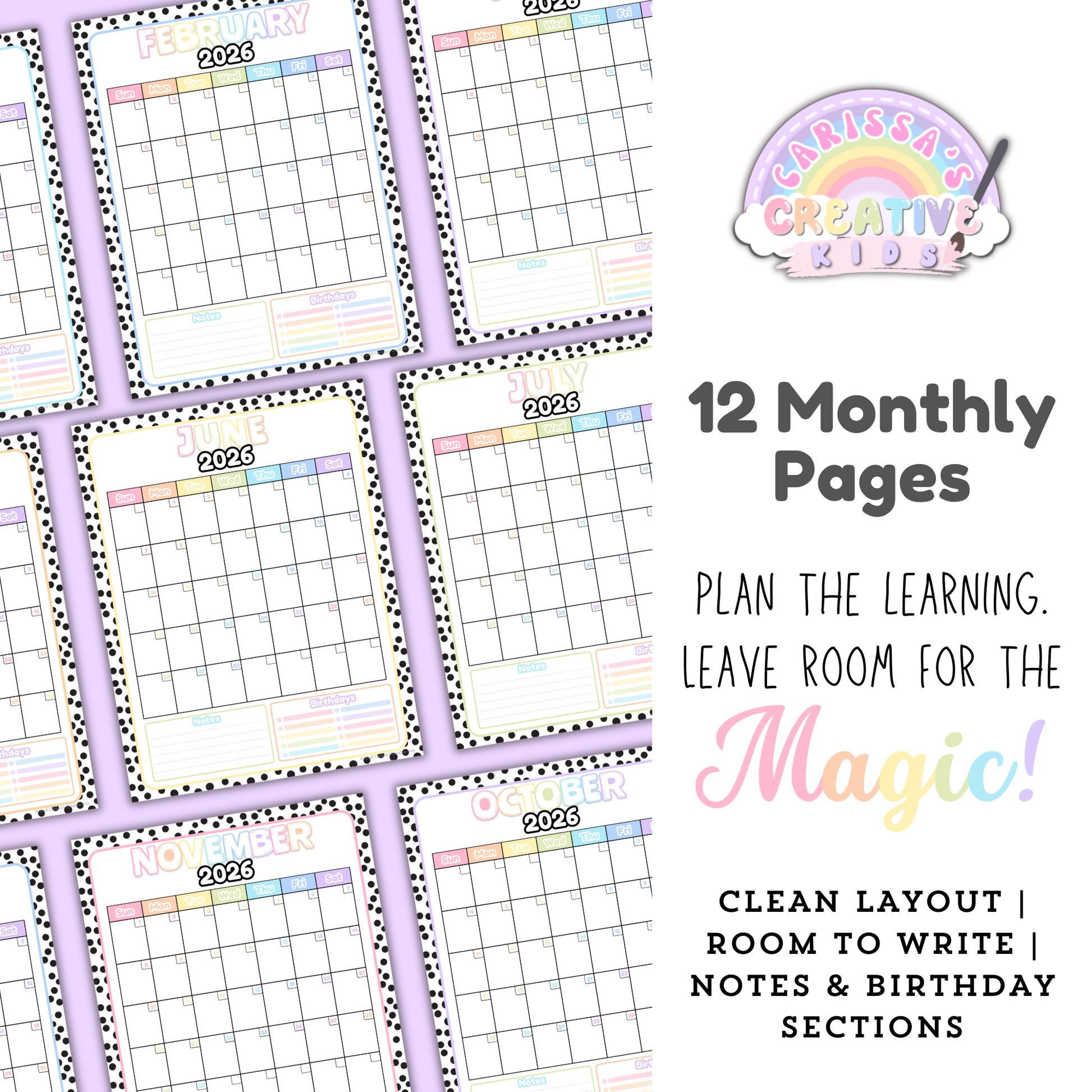 Preview of 12 monthly calendar pages in the Polka-Dot Pastels 2026–2027 printable teacher planner, featuring a clean monthly grid with space to write plus Notes and Birthdays sections for daycare and preschool planning.