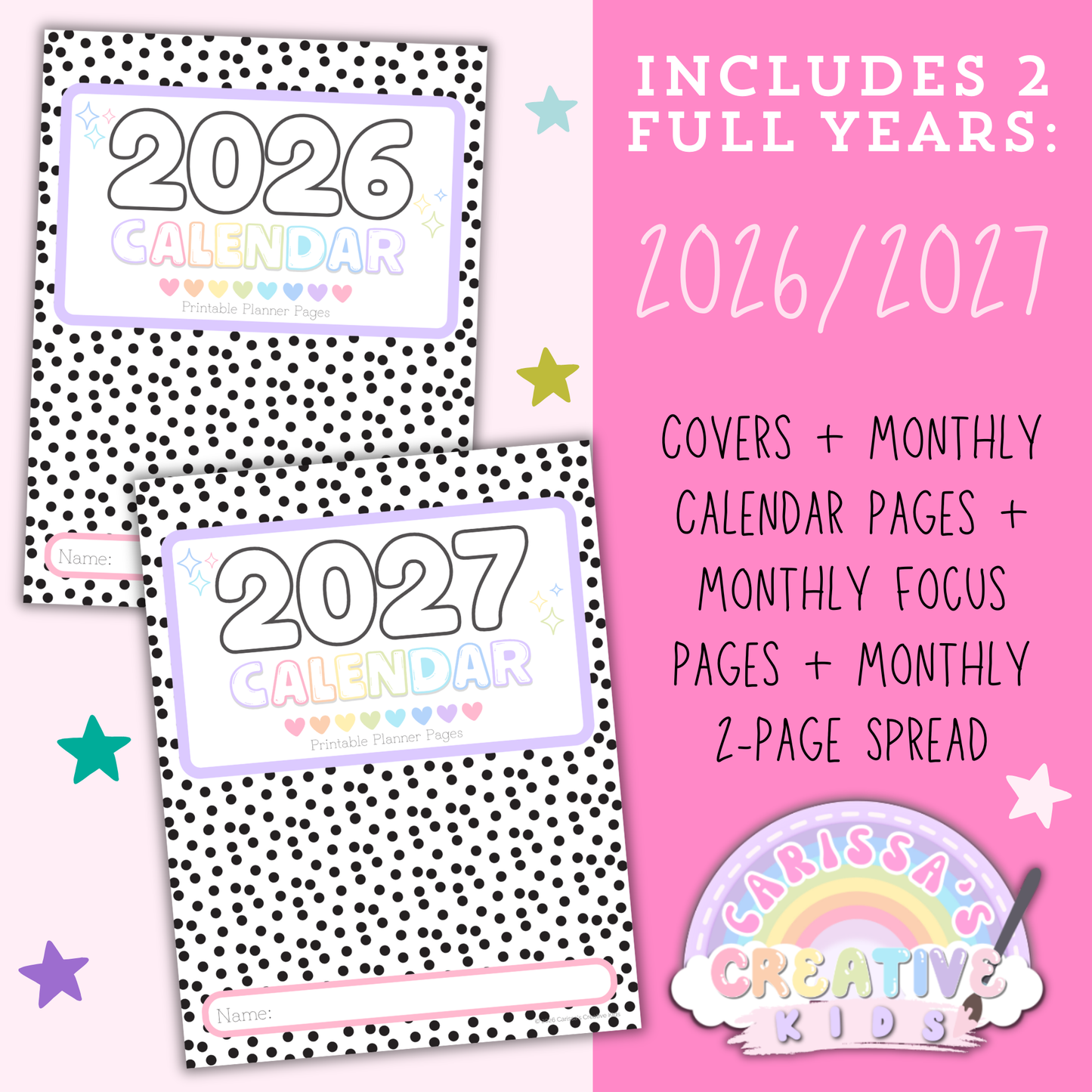 Polka-Dot Pastels 2026–2027 printable teacher calendar covers preview showing two full years included, with monthly calendar pages, monthly focus planning pages, and a monthly two-page spread for daycare and preschool planning.