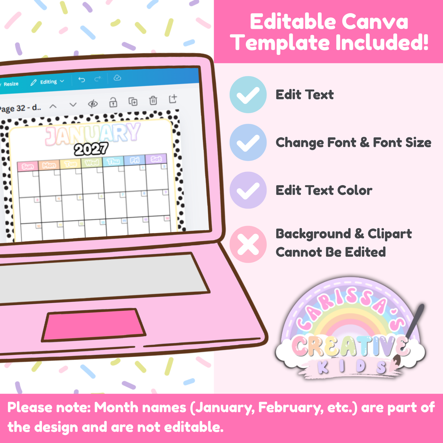 Editable Canva template preview for the Polka-Dot Pastels 2026–2027 printable teacher calendar, showing text-only editing options to change text, font, size, and text color (background, clipart, and month names not editable).