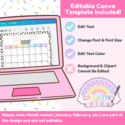 Editable Canva template preview for the Polka-Dot Pastels 2026–2027 printable teacher calendar, showing text-only editing options to change text, font, size, and text color (background, clipart, and month names not editable).