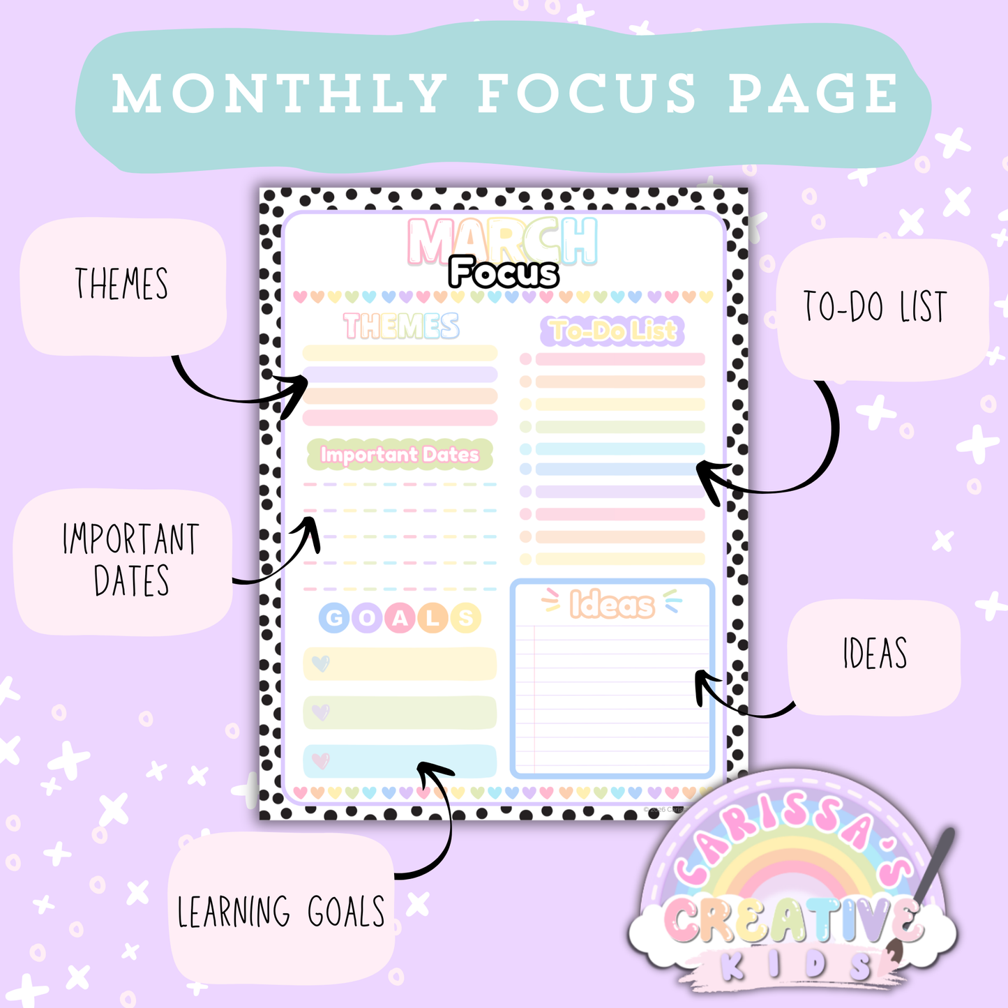 Polka-Dot Pastels monthly focus planning page for the 2026–2027 printable teacher calendar, featuring sections for themes, to-do list, important dates, learning goals, and ideas for preschool and daycare planning.