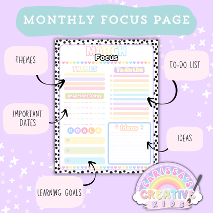 Polka-Dot Pastels monthly focus planning page for the 2026–2027 printable teacher calendar, featuring sections for themes, to-do list, important dates, learning goals, and ideas for preschool and daycare planning.