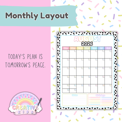 Polka-Dot Pastels monthly calendar layout example for 2026, featuring a clean monthly grid with plenty of writing space plus Notes and Birthdays sections for teacher, preschool, and daycare planning.