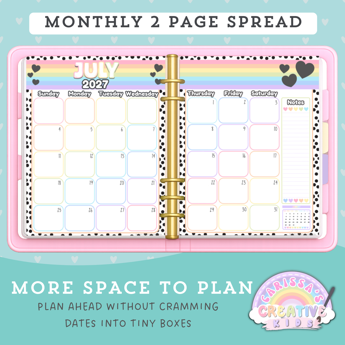 Monthly two-page spread preview for the Polka-Dot Pastels 2026–2027 printable teacher calendar, showing a full month across two pages with larger planning boxes and a notes section for daycare, preschool, and classroom scheduling.