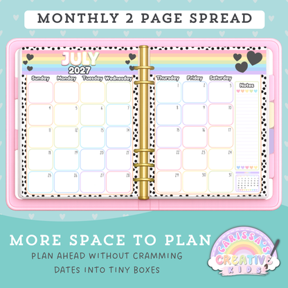 Monthly two-page spread preview for the Polka-Dot Pastels 2026–2027 printable teacher calendar, showing a full month across two pages with larger planning boxes and a notes section for daycare, preschool, and classroom scheduling.