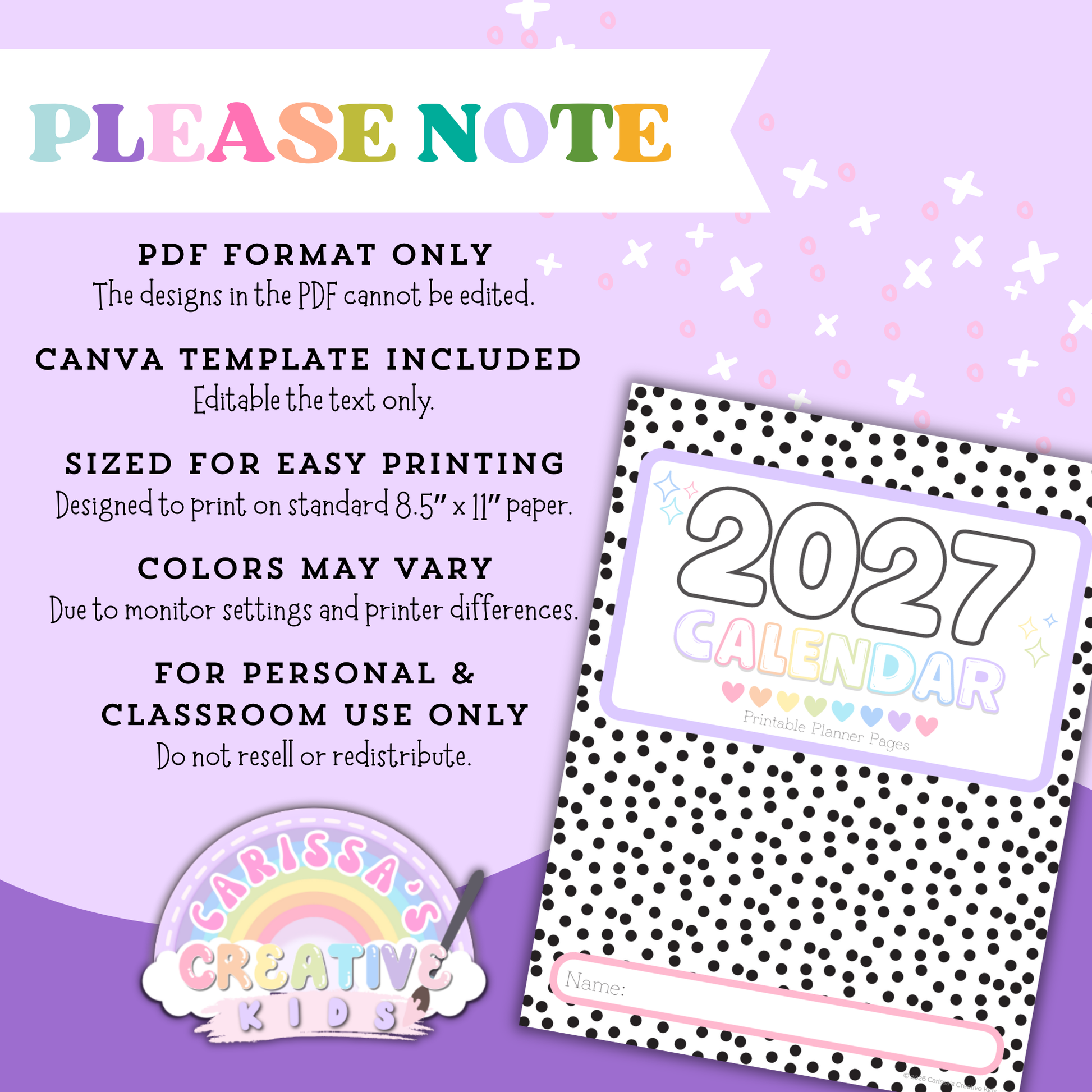“Please Note” information graphic for the Polka-Dot Pastels 2026–2027 printable teacher calendar, explaining US Letter print-ready PDF format, Canva template with text-only editing, colors may vary, and personal/classroom use only.