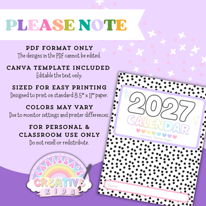 “Please Note” information graphic for the Polka-Dot Pastels 2026–2027 printable teacher calendar, explaining US Letter print-ready PDF format, Canva template with text-only editing, colors may vary, and personal/classroom use only.