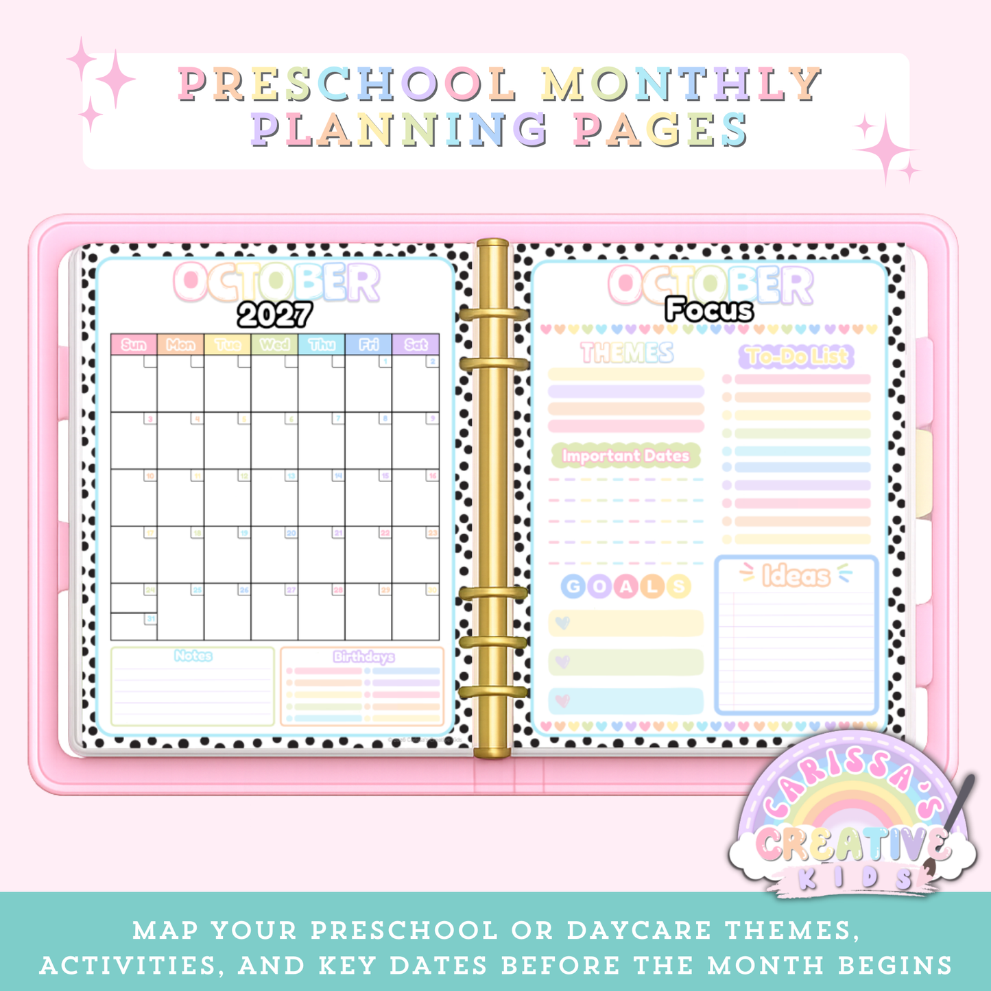 Preschool monthly planning pages preview for the Polka-Dot Pastels 2026–2027 printable teacher calendar, showing a two-page spread with a monthly calendar grid (notes and birthdays) and a matching monthly focus page for themes, to-do list, important dates, goals, and ideas.