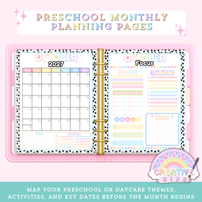 Preschool monthly planning pages preview for the Polka-Dot Pastels 2026–2027 printable teacher calendar, showing a two-page spread with a monthly calendar grid (notes and birthdays) and a matching monthly focus page for themes, to-do list, important dates, goals, and ideas.