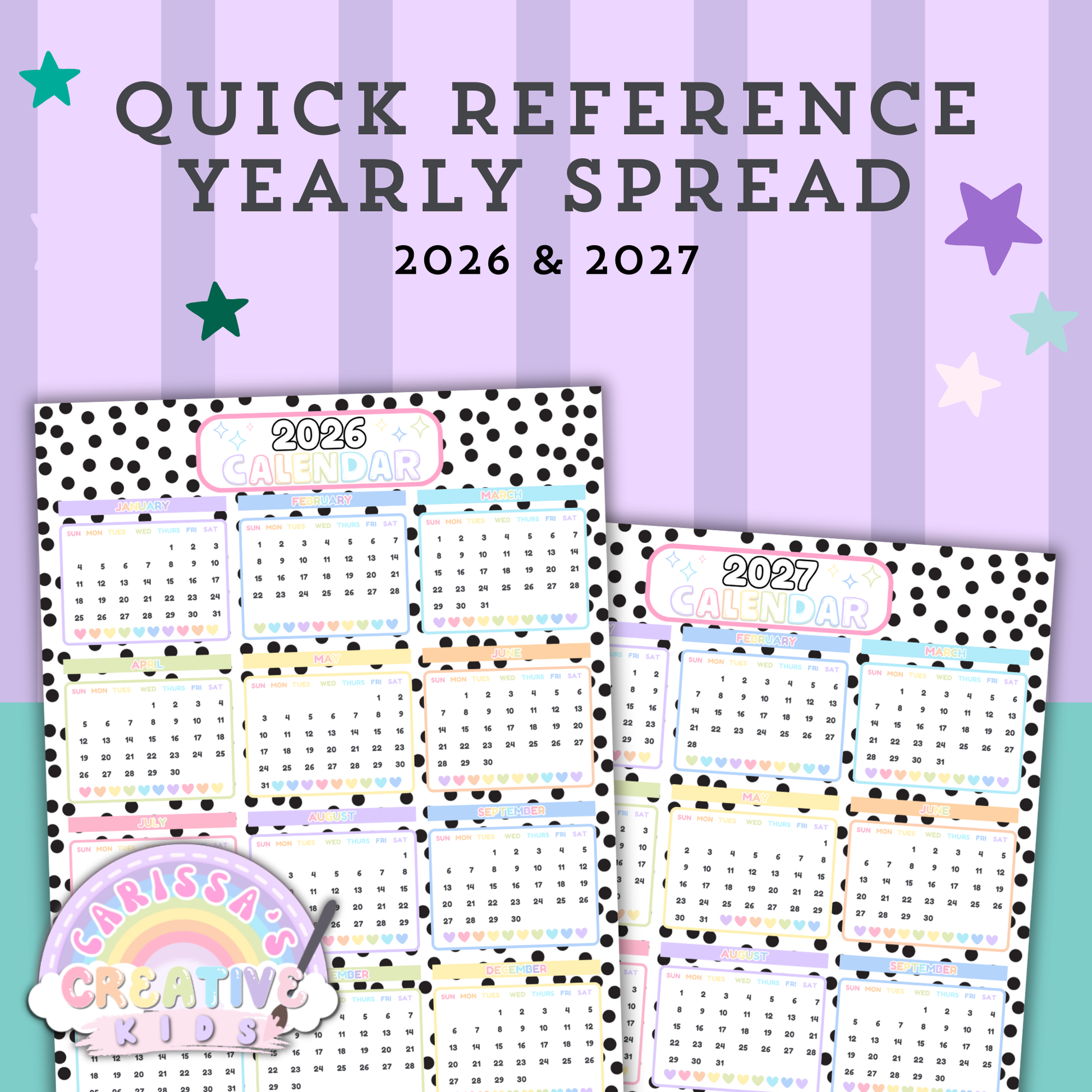 Quick reference yearly spread for the Polka-Dot Pastels 2026–2027 printable teacher calendar, showing all 12 months on one page for fast at-a-glance planning for daycare, preschool, and classroom scheduling.