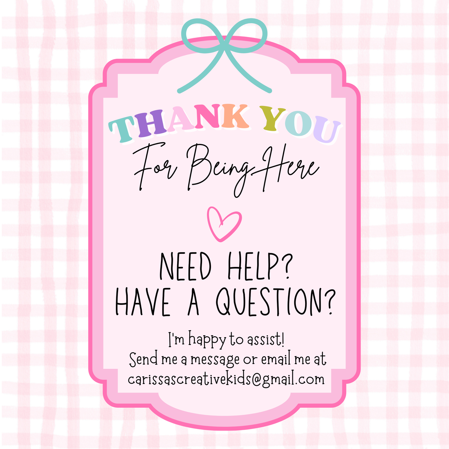 Thank you and customer support page for the Polka-Dot Pastels 2026–2027 printable teacher calendar, inviting buyers to message with questions and providing contact email for help.