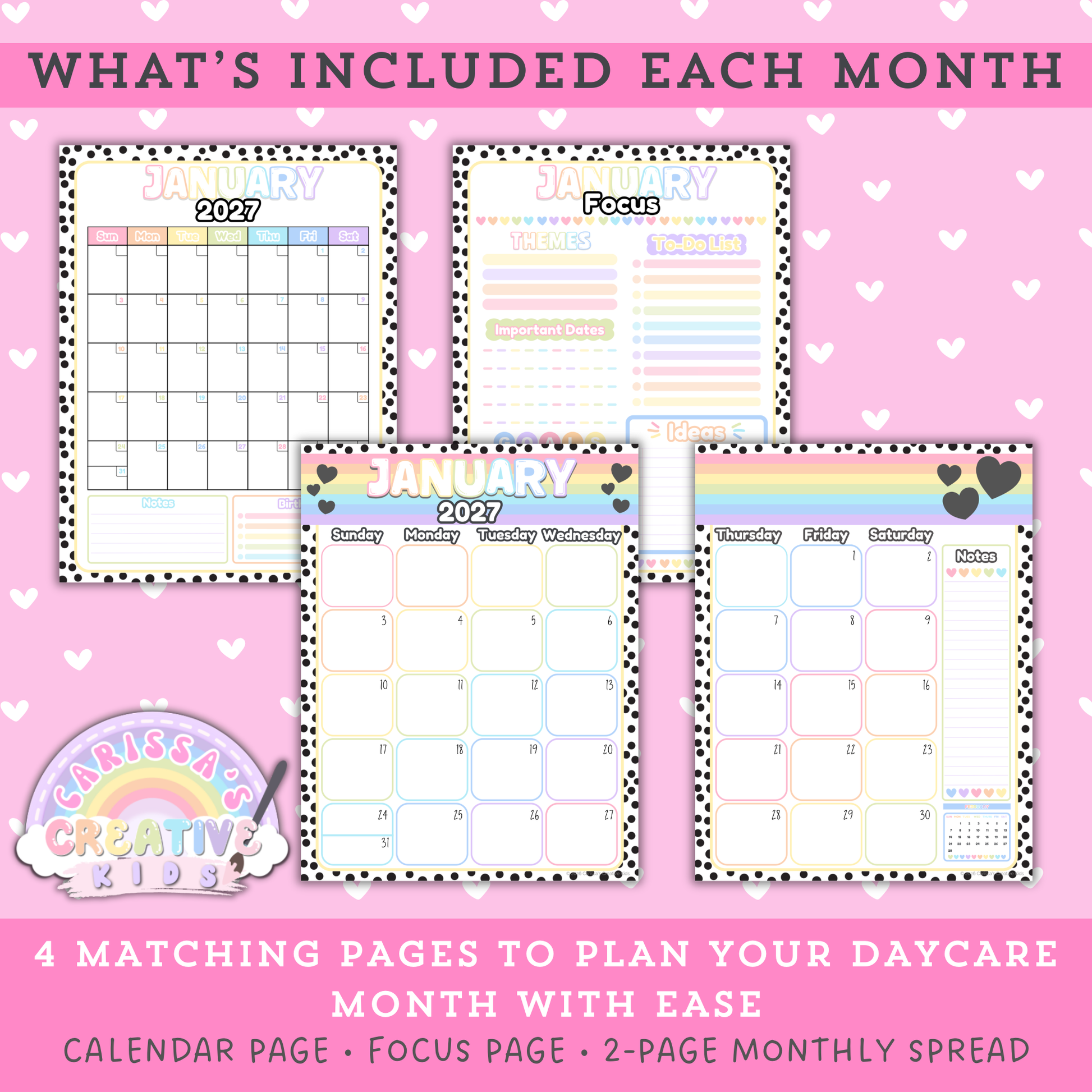 “What’s included each month” preview for the Polka-Dot Pastels 2026–2027 printable teacher planner, showing four matching pages: monthly calendar page, monthly focus planning page, and a two-page monthly spread for extra planning space for daycare and preschool teachers.