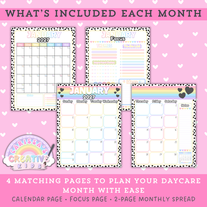 “What’s included each month” preview for the Polka-Dot Pastels 2026–2027 printable teacher planner, showing four matching pages: monthly calendar page, monthly focus planning page, and a two-page monthly spread for extra planning space for daycare and preschool teachers.