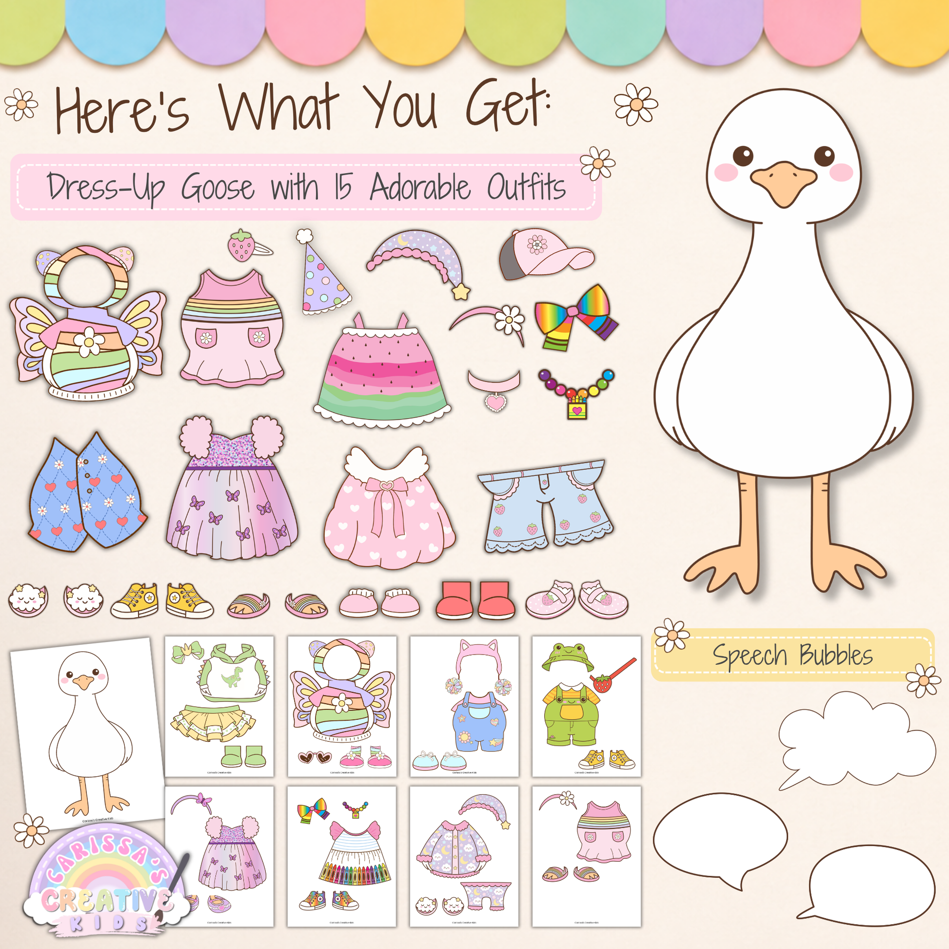 What’s included in the printable Classroom Goose class decor bundle featuring a porch goose-inspired mascot, 15 dress-up outfits, speech bubbles, and printable classroom decor for kindergarten, back to school, speech therapy rooms, playroom decor, elementary decor, classroom posters, and bulletin board kit displays.