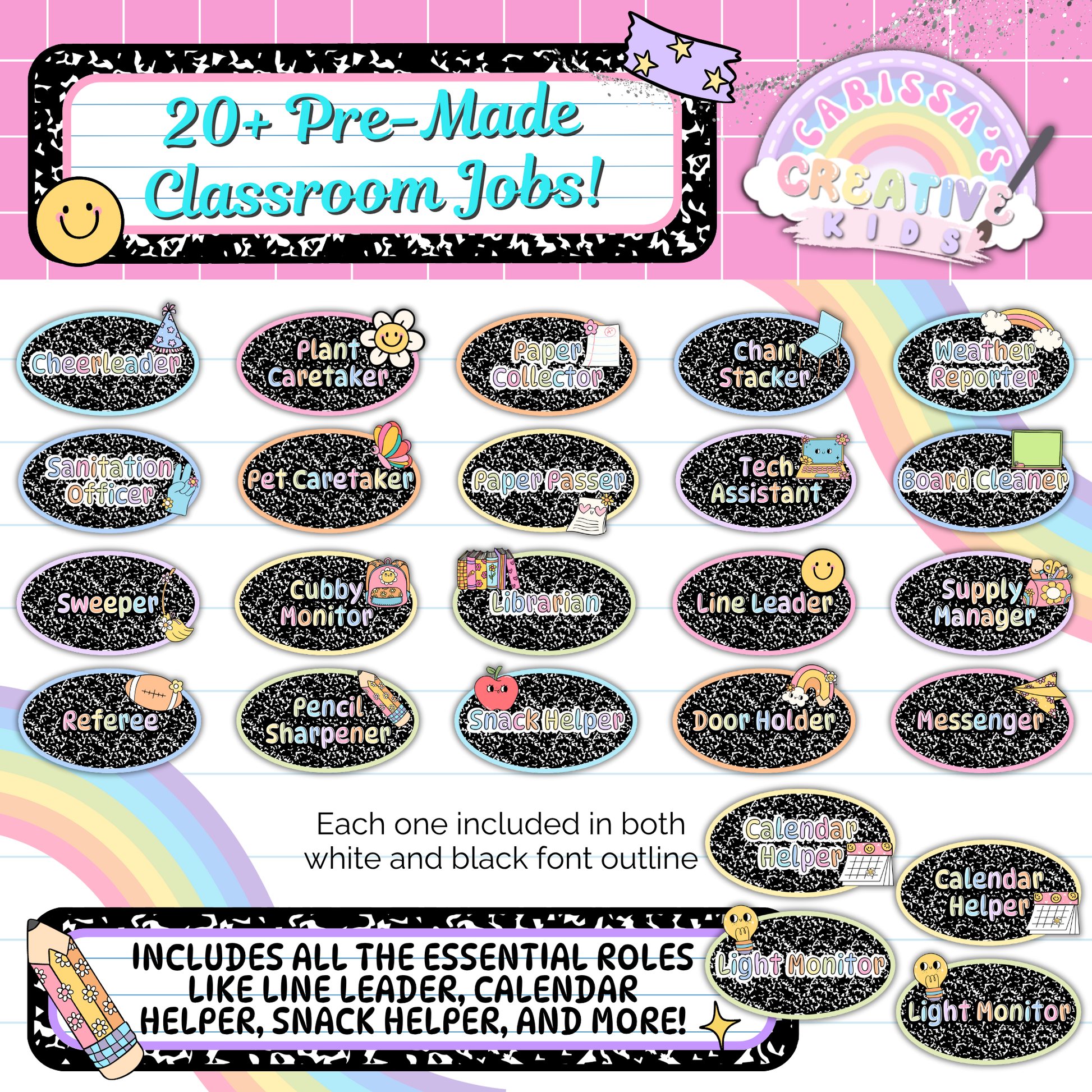 Includes over 20 pre-made classroom job cards like Line Leader, Calendar Helper, Tech Assistant, and more. Each job comes in two styles and is perfect for preschool, kindergarten, or elementary bulletin boards and classroom management systems.