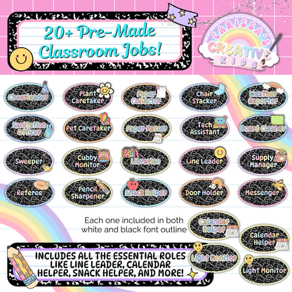 Includes over 20 pre-made classroom job cards like Line Leader, Calendar Helper, Tech Assistant, and more. Each job comes in two styles and is perfect for preschool, kindergarten, or elementary bulletin boards and classroom management systems.