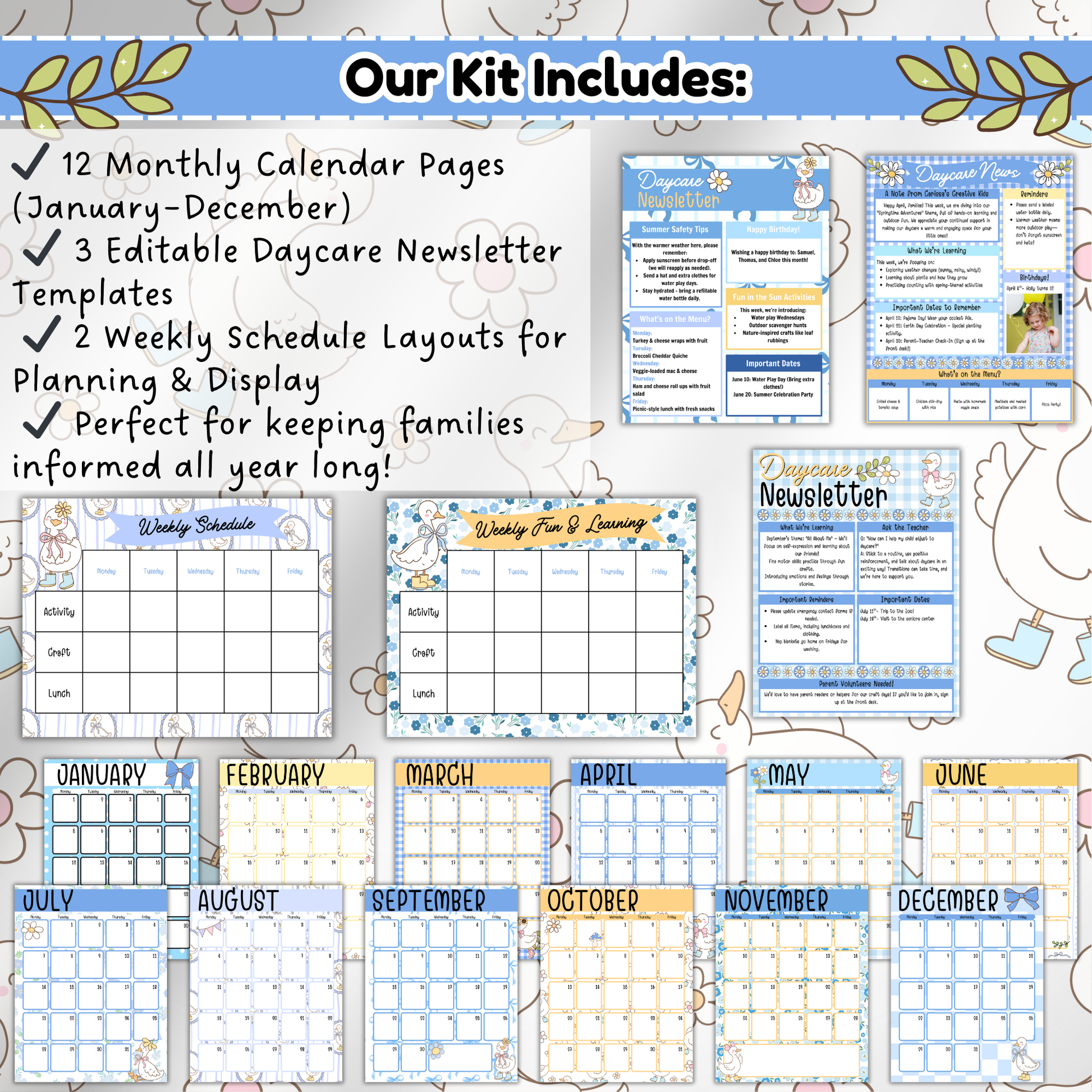 Twelve monthly calendar pages and two weekly schedule layouts, all editable, featuring subtle goose-themed illustrations and organized formats.