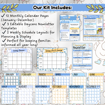 Twelve monthly calendar pages and two weekly schedule layouts, all editable, featuring subtle goose-themed illustrations and organized formats.