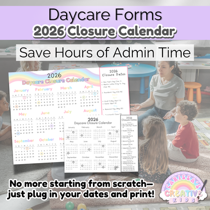 Preschool teacher sitting with children next to the 2026 daycare closure calendar template. Editable one-page calendar helps save time by allowing quick customization of closure dates. Includes rainbow and black-and-white printable options for daycare and infant rooms.