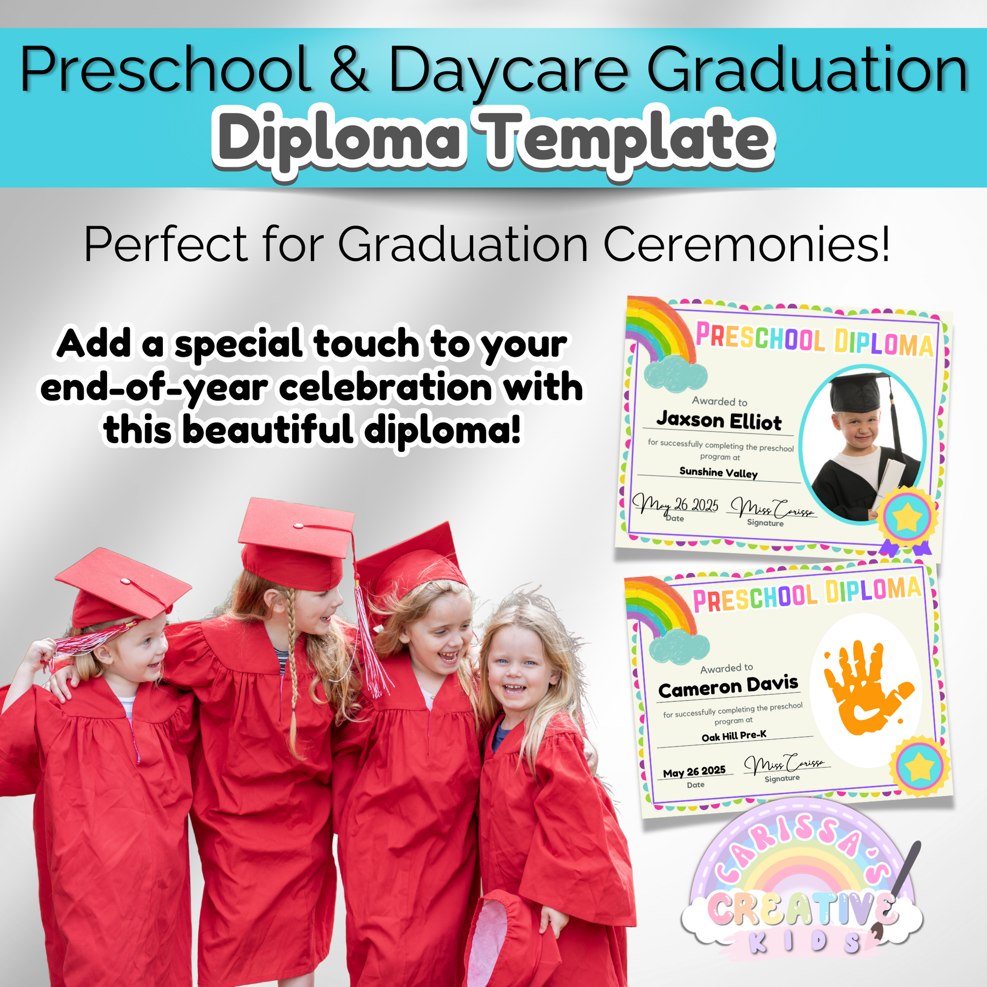 Group of preschool graduates in red caps and gowns with editable diploma templates—perfect for daycare or preschool graduation ceremonies and end-of-year celebrations.