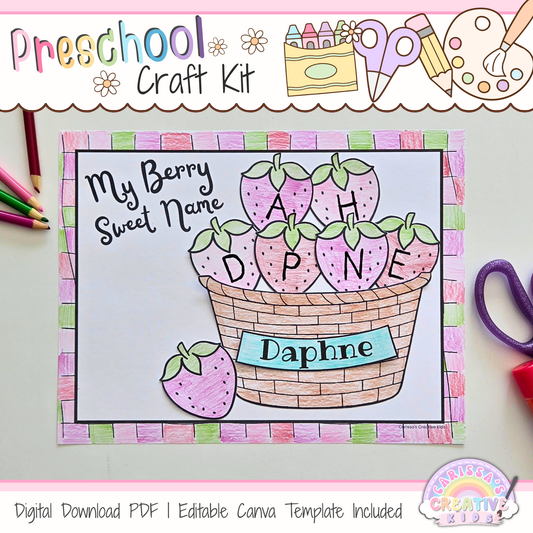 Editable preschool strawberry name craft with basket, printable strawberries, and Canva template for spring name practice activities.